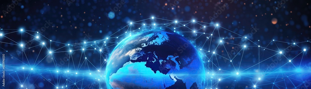 Poster futuristic blockchain technology with world globe and polygon network panoramic banner