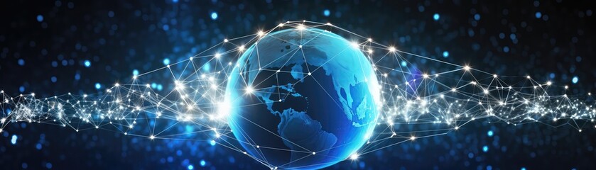 Futuristic Blockchain Technology With World Globe And Polygon Network Panoramic Banner - obrazy, fototapety, plakaty