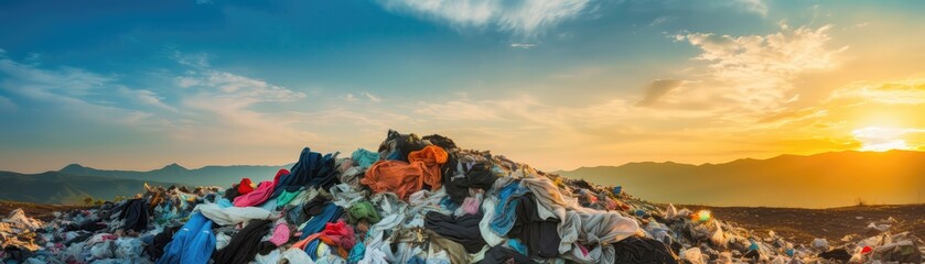Heap Of Clothes Tossed Into Landfill Panoramic Banner - obrazy, fototapety, plakaty