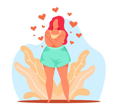 Concept of loving yourself and your body, beautiful chubby woman hugging herself. Beautiful plus size girl. Acceptance and self love. Female figure. Cartoon flat isolated illustration. Vector