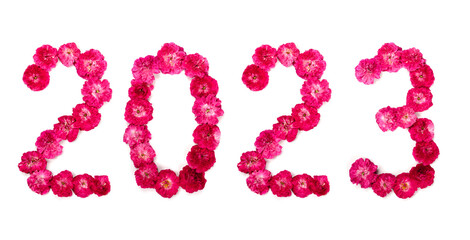 Inscription 2023 from fresh pink and red rose flowers. Happy New Year.	