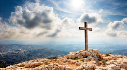 Photo of a beautiful Christian cross on top of a mount, christianity backgroud with copyspace wallpaper, hd