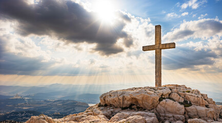Photo of a beautiful Christian cross on top of a mount, christianity backgroud with copyspace wallpaper, hd - Powered by Adobe