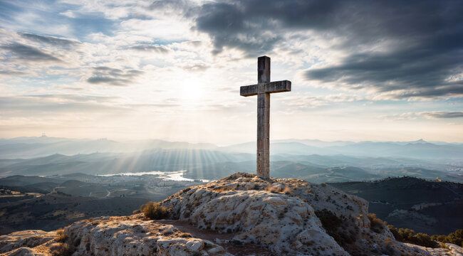 Photo of a beautiful Christian cross on top of a mount, christianity backgroud with copyspace wallpaper, hd
