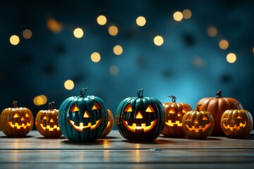 Halloween concept: spooky collection of jack o' lantern pumpkins. Presented in a scary scene. Generative AI.
