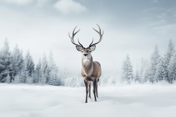 A deer stands in front of a snow covered field in a winter forest.