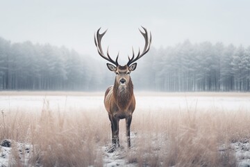 A deer stands in front of a snow covered field in a winter forest. - Powered by Adobe