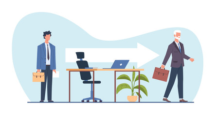Fototapeta premium Concept of replacement of employees due to retirement or dismissal. Job rotation in people management. Human resources department. Recruit new employee. Vector cartoon flat isolated illustration