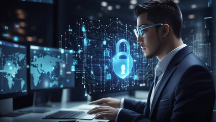 Business and Data Protection, Biometric security identify, face recognition online access business data. Cyber security technology prevent unauthorized access and protect business significant data. - obrazy, fototapety, plakaty