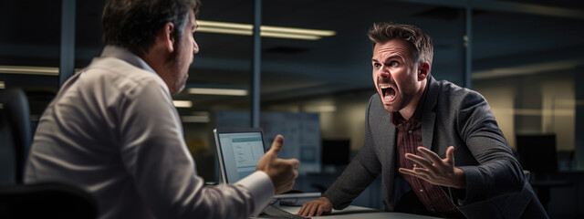 Supervisor and a subordinate yell at each other in a company office. - obrazy, fototapety, plakaty