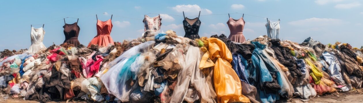 Old Garments Mixed With Trash At Garbage Dump Trashtofabric Fashions, Old Clothes Upcycling, Garbage Dump Pollution Panoramic Banner