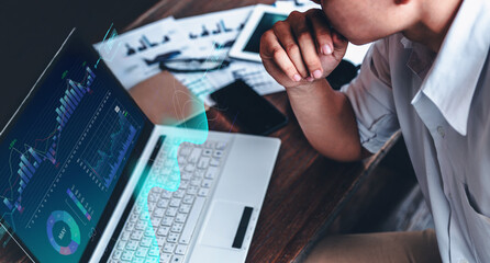 investment, graph, finance, dashboard, diagram, profit, analysis, chart, report, indicator. look at laptop for check dashboard has indicator of investment and bar inversely proportional show it.