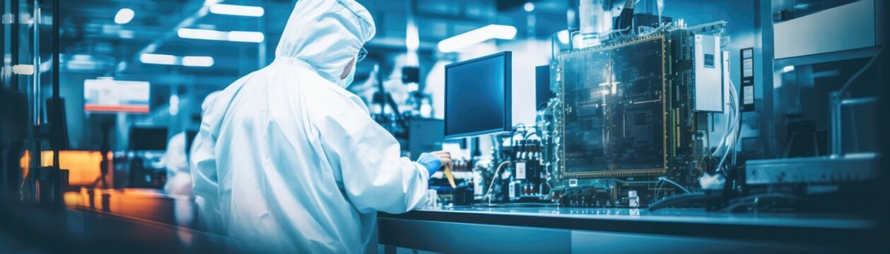 Worker In The Background Semiconductor Fabrication Plant Panoramic Banner