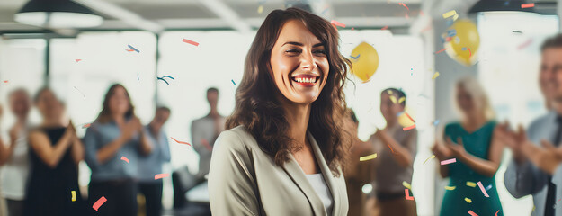 Woman Celebrating Her Promotion With Colleagues At The Office Panoramic Banner - obrazy, fototapety, plakaty