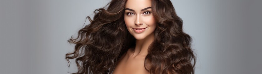 Naklejka premium Woman With Brunette Curly Long Hair On White Background Panoramic Banner