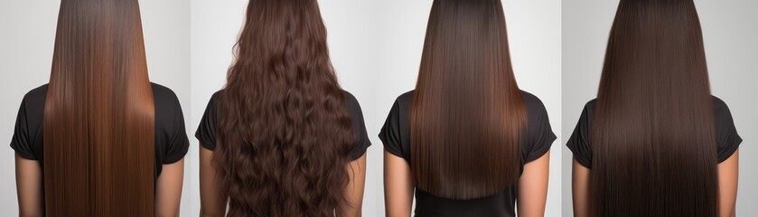 Woman With Long Hair, Back View, Showing The Results Of Keratin Treatment, Before And After Salon Treatment Panoramic Banner - obrazy, fototapety, plakaty