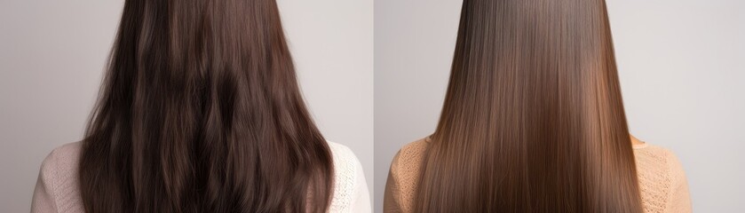 Naklejka premium Woman With Long Hair, Back View, Showing The Results Of Keratin Treatment, Before And After Salon Treatment Panoramic Banner