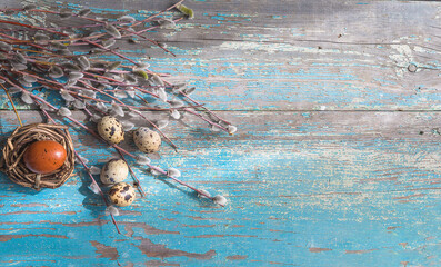 Happy easter holidays concept; Bouquet of willow twigs and quail eggs on the old blue paint wooden backgroun; copy space