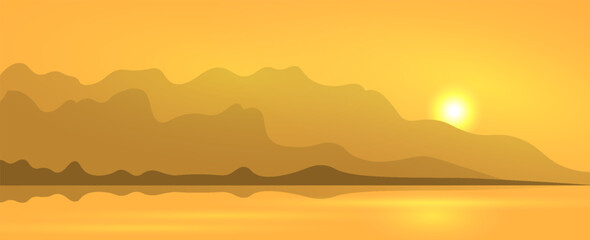 Yellow tropical island with palm trees silhouette sunset sunrise view in fog and clouds, vector