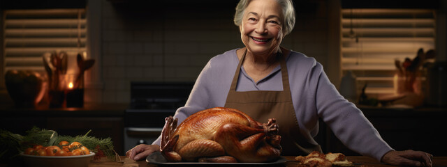 An elderly woman cooks a turkey in her kitchen in honor of a Thanksgiving feast - obrazy, fototapety, plakaty