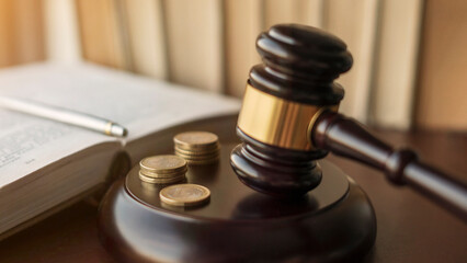 Judge gavel and Euro coins at court. Mallet of judge deciding on financial corruption and tax frauds. Selective focus on the rings. - obrazy, fototapety, plakaty
