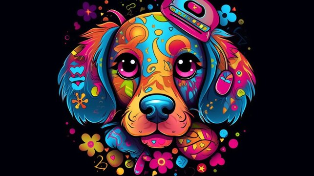 colorful cartoon dog with black background t-shirt des.Generative AI