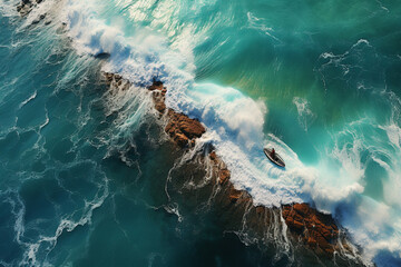 surfboard on the sea wave ariel view - obrazy, fototapety, plakaty