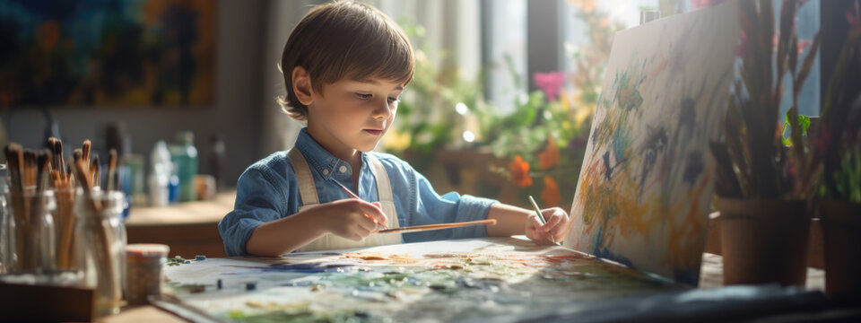 Boy paints a picture with paints on canvas