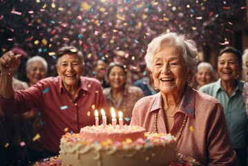 An 80-year-old woman smiles surrounded by her family as colorful confetti rains down, making her birthday celebration truly joyful and special.