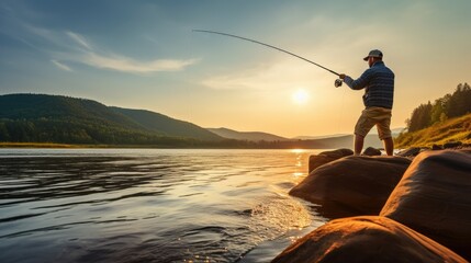 A determined fisherman casts his line at a serene lake, bathed in the golden morning sunlight. The vastness of the water reflects his focus and skilled dedication, capturing the dynamic and adventuro - obrazy, fototapety, plakaty