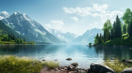 Fototapeta na wymiar A serene and expansive view of a tranquil lake surrounded by majestic mountains, lush green trees, and vibrant nature. The warm sunlight illuminates the picturesque landscape, creating a calm and pea