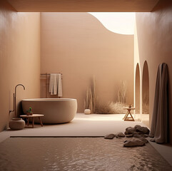 Natural bathroom, beige natural tones and raw plaster AI generated
