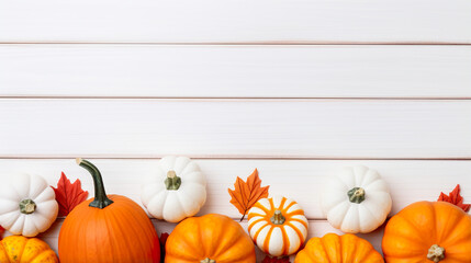 An autumn-themed top border featuring orange, white, and striped pumpkins arranged on a backdrop of white wood. Viewed from above. copy space for text