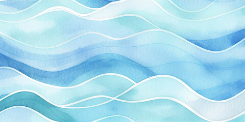 Ocean waves, water wave watercolor illustration. Abstract blue, teal, turquoise happy cartoon pool wave. Ocean beach travel, nature banner backdrop. Wavy texture background graphic for copy space text