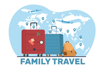 Fototapeta na wymiar Family travel concept, travel bags of all family members on background of world map with flying planes. Global journey, international transportation vector cartoon flat isolated illustration