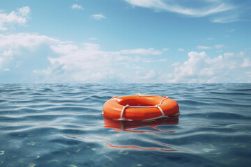 A rescue buoy, also known as a life buoy, floating in the sea, ready to save individuals from drowning.