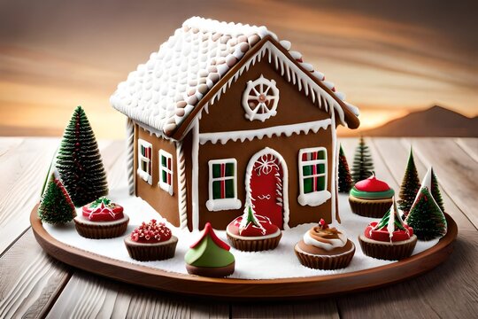Gingerbread house with Christmas decorations and cup cakes