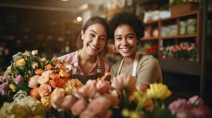 Portrait of two happy women working in flower shop