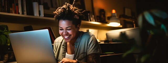 woman smiling in front of computer while working