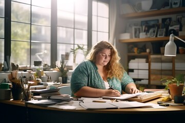 Plus-size, overweight beautiful large female businesswoman working