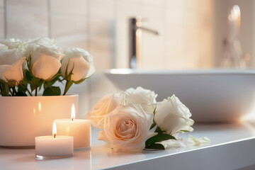 Obraz na płótnie Canvas A stylish white bathroom featuring a vessel sink, roses, and candles, setting a romantic and Zen-like mood.