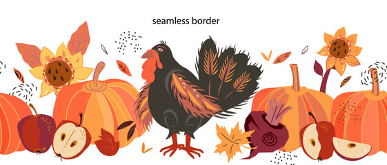 Thanksgiving seamless border design for greeting card or party invitation template with turkey and pumpkins among autumn leaves, vector isolated illustration.