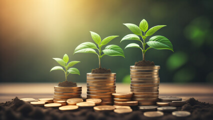 Green plant growing on coins on nature background. Savings, investment, interest and economic growth concept. Copy space