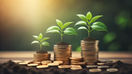 Foto op Canvas Green plant growing on coins on nature background. Savings, investment, interest and economic growth concept. Copy space © Shubby Studio
