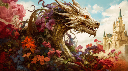 A dragon nestled within a magical garden adorned with a profusion of blossoms.