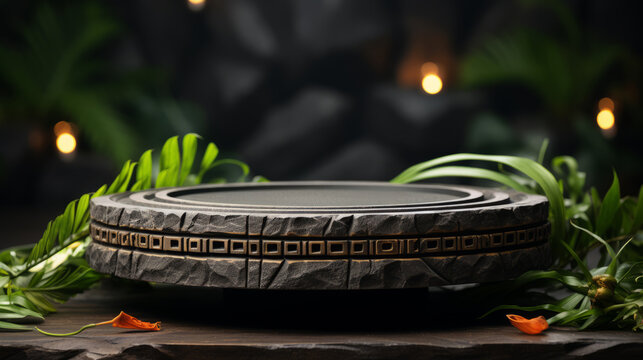 Forest with round stone altar podium.