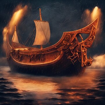 Viking Ship in a river, morning, fog, rain clouds