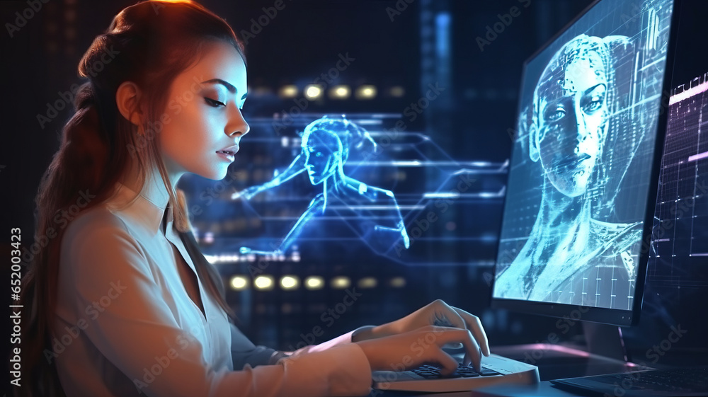 Poster ai generated content concept. artist woman using ai art assistant to generate image.