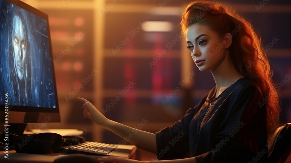 Poster ai generated content concept. artist woman using ai art assistant to generate image.