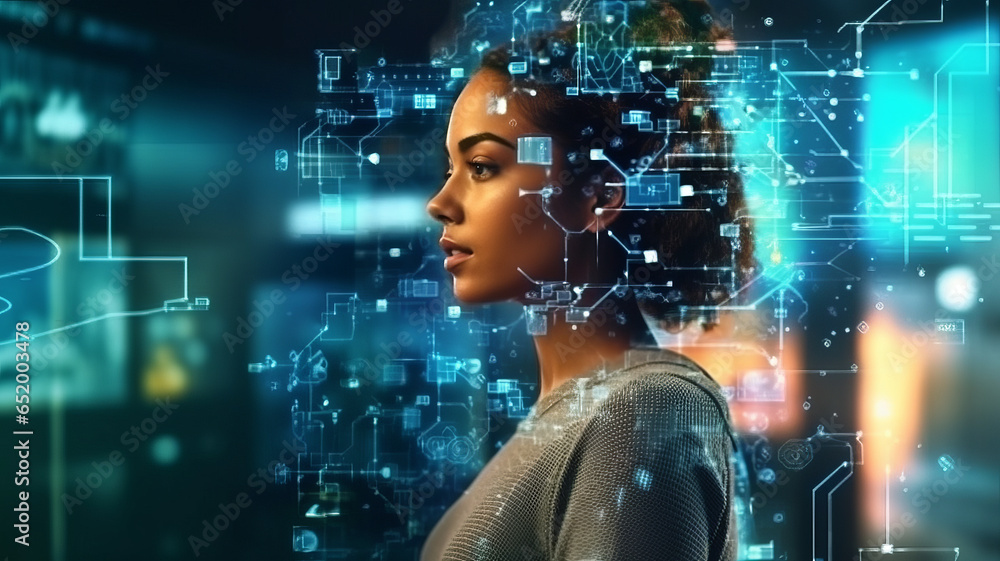 Poster ai generated content concept. artist woman using ai art assistant to generate image.
